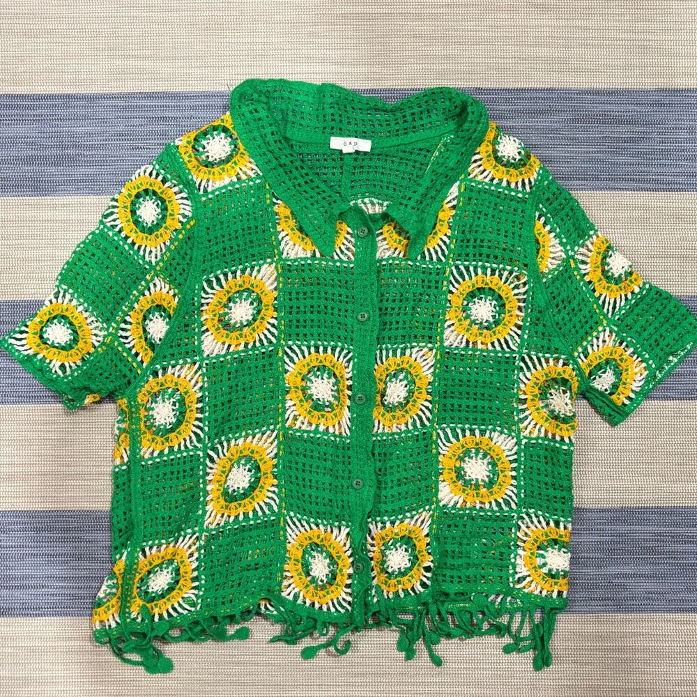 Crochet Granny Square Button-Up Top Fringe Hem Green 3X Boho Festival Cottage